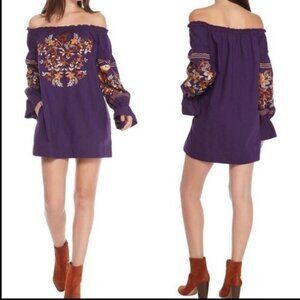 EUC Free People Dress Womens Purple Fleur Du Jour Floral Embroidered Mini Boho M